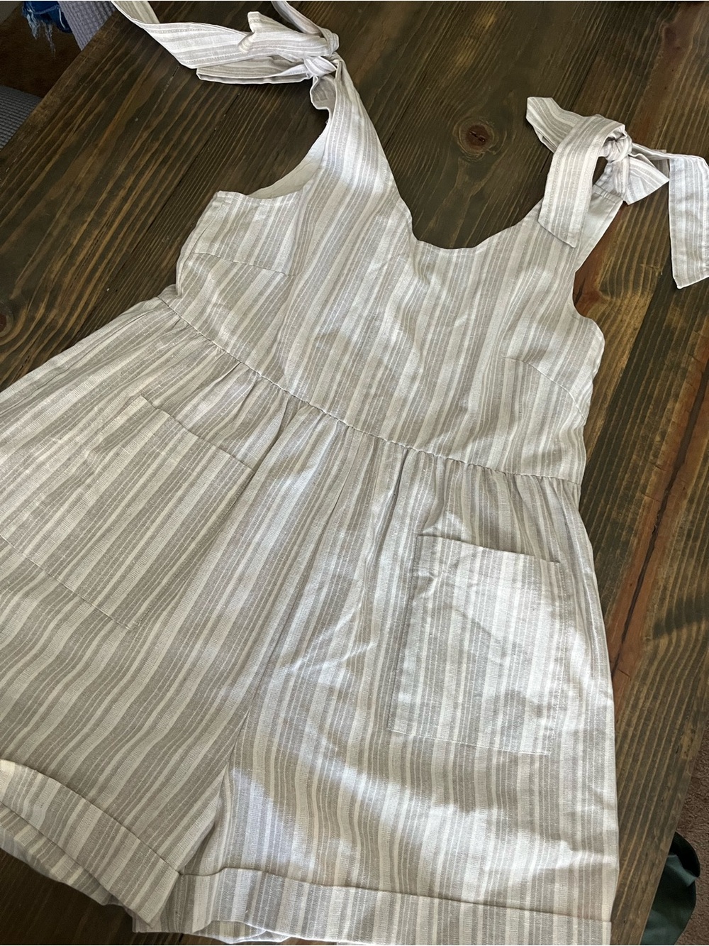 Linen Tie-Shoulder Romper Dress in Beige
